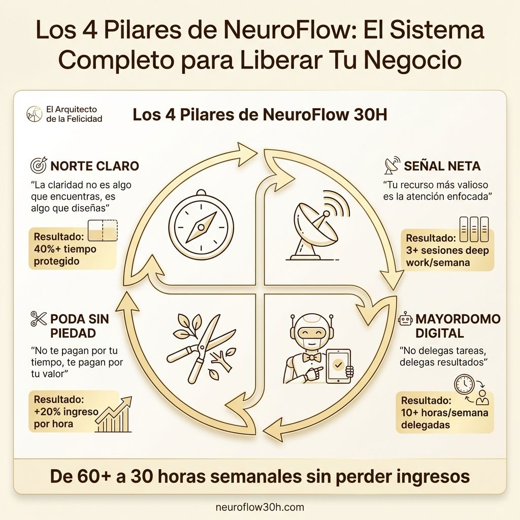 Infografía: Los 4 Pilares de NeuroFlow: El Sistema Completo para Liberar Tu Negocio