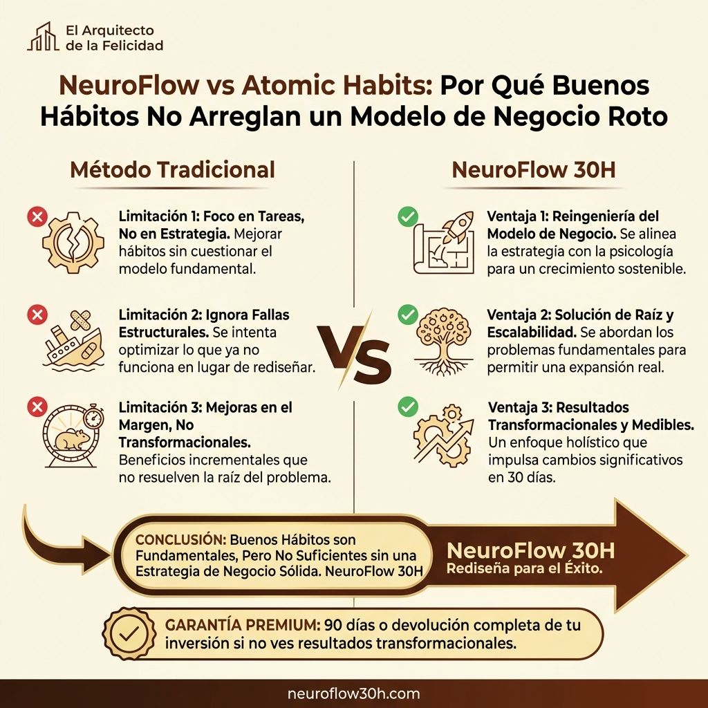 Infografía: NeuroFlow vs Atomic Habits: Por Qué Buenos Hábitos No Arreglan un Modelo de Negocio Roto