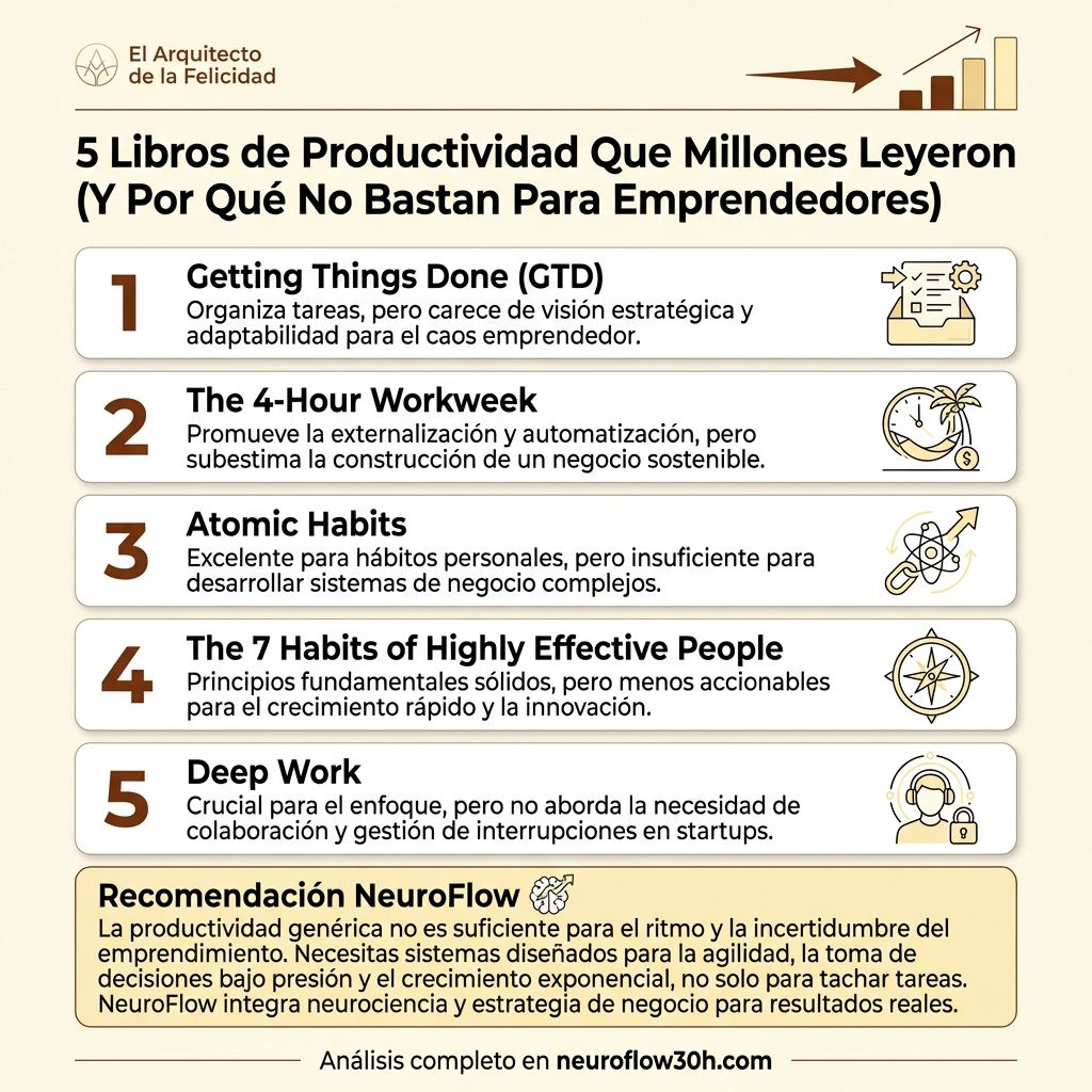 Infografía: 5 Libros de Productividad Que Millones Leyeron (Y Por Qué No Bastan Para Emprendedores)