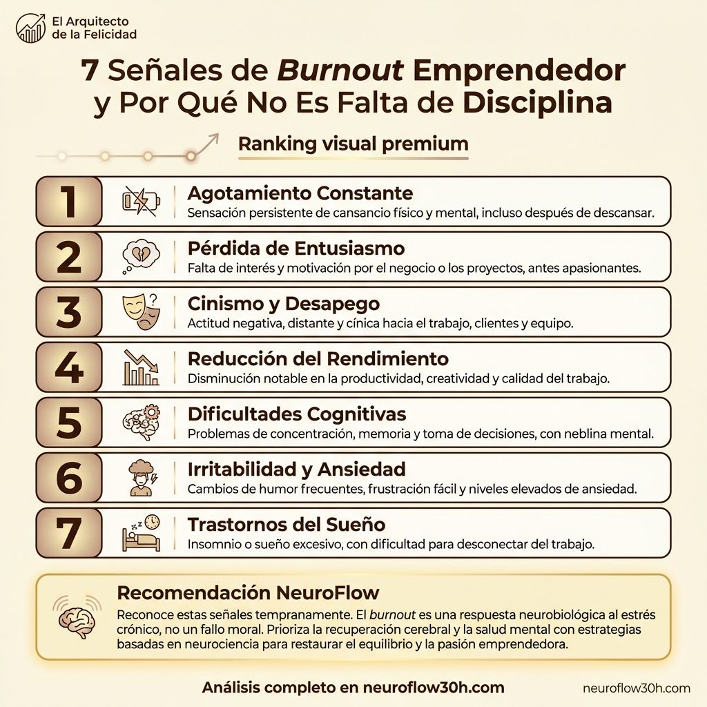 Infografía: 7 Señales de Burnout Emprendedor y Por Qué No Es Falta de Disciplina