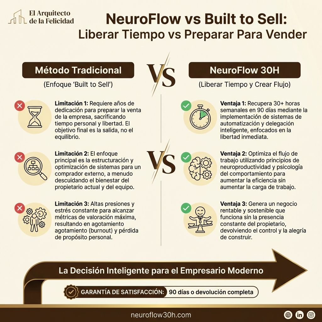 Infografía: NeuroFlow vs Built to Sell: Liberar Tiempo vs Preparar Para Vender