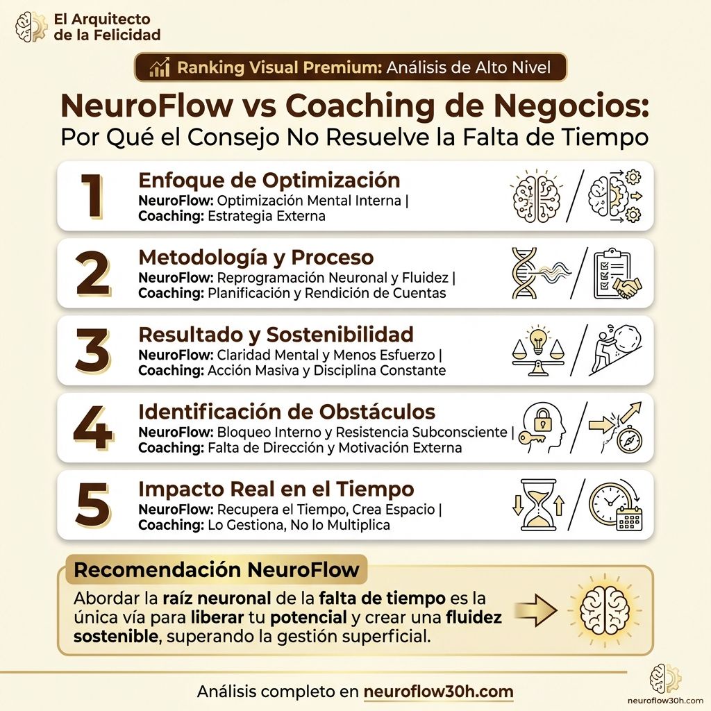 Infografía: NeuroFlow vs Coaching de Negocios: Por Qué el Consejo No Resuelve la Falta de Tiempo