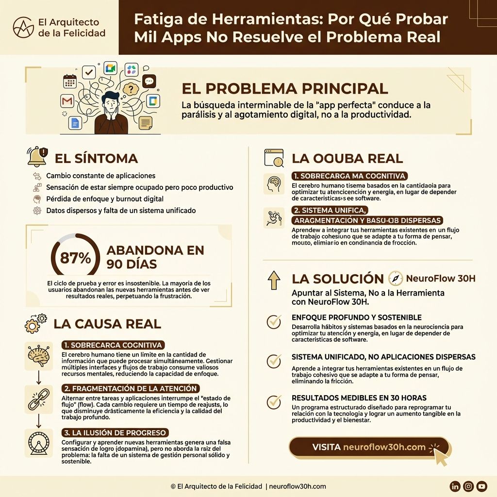 Infografía: Fatiga de Herramientas: Por Qué Probar Mil Apps No Resuelve el Problema Real
