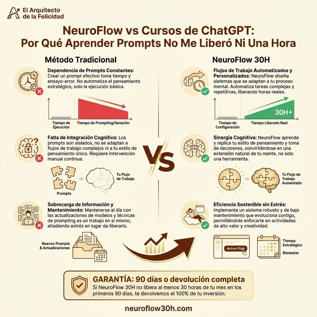 Infografía: NeuroFlow vs Cursos de ChatGPT: Por Qué Aprender Prompts No Me Liberó Ni Una Hora