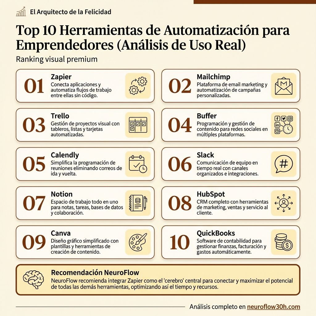 Infografía: Top 10 Herramientas de Automatización para Emprendedores (Análisis de Uso Real)
