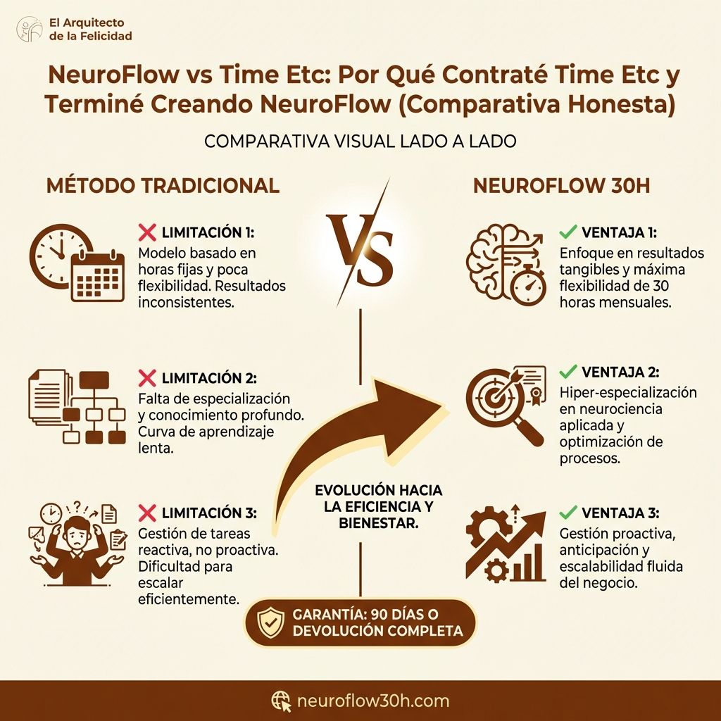 Infografía: NeuroFlow vs Time Etc: Por Qué Contraté Time Etc y Terminé Creando NeuroFlow (Comparativa Honesta)