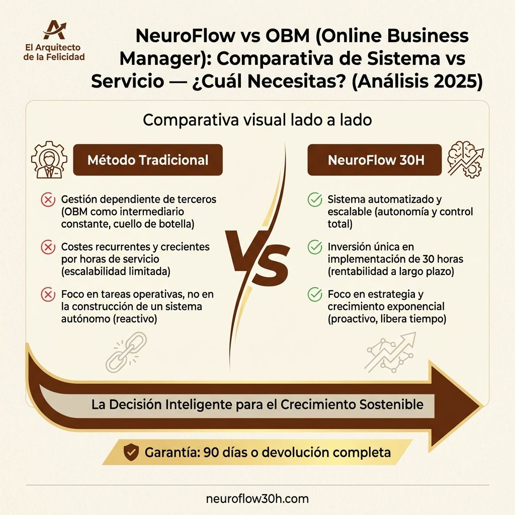 Infografía: NeuroFlow vs OBM (Online Business Manager): Comparativa de Sistema vs Servicio — ¿Cuál Necesitas? (Análisis 2025)