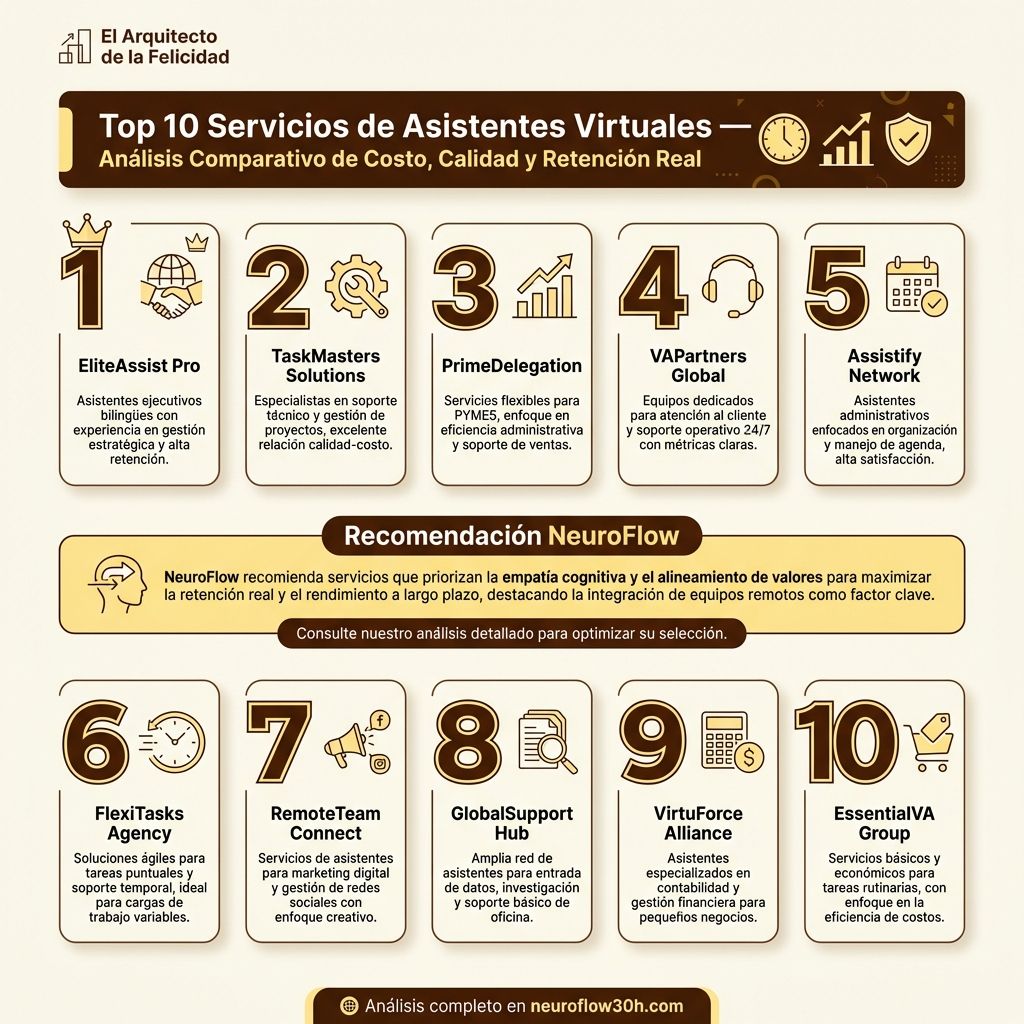 Infografía: Top 10 Servicios de Asistentes Virtuales — Análisis Comparativo de Costo, Calidad y Retención Real (Estudio 2020-2024)