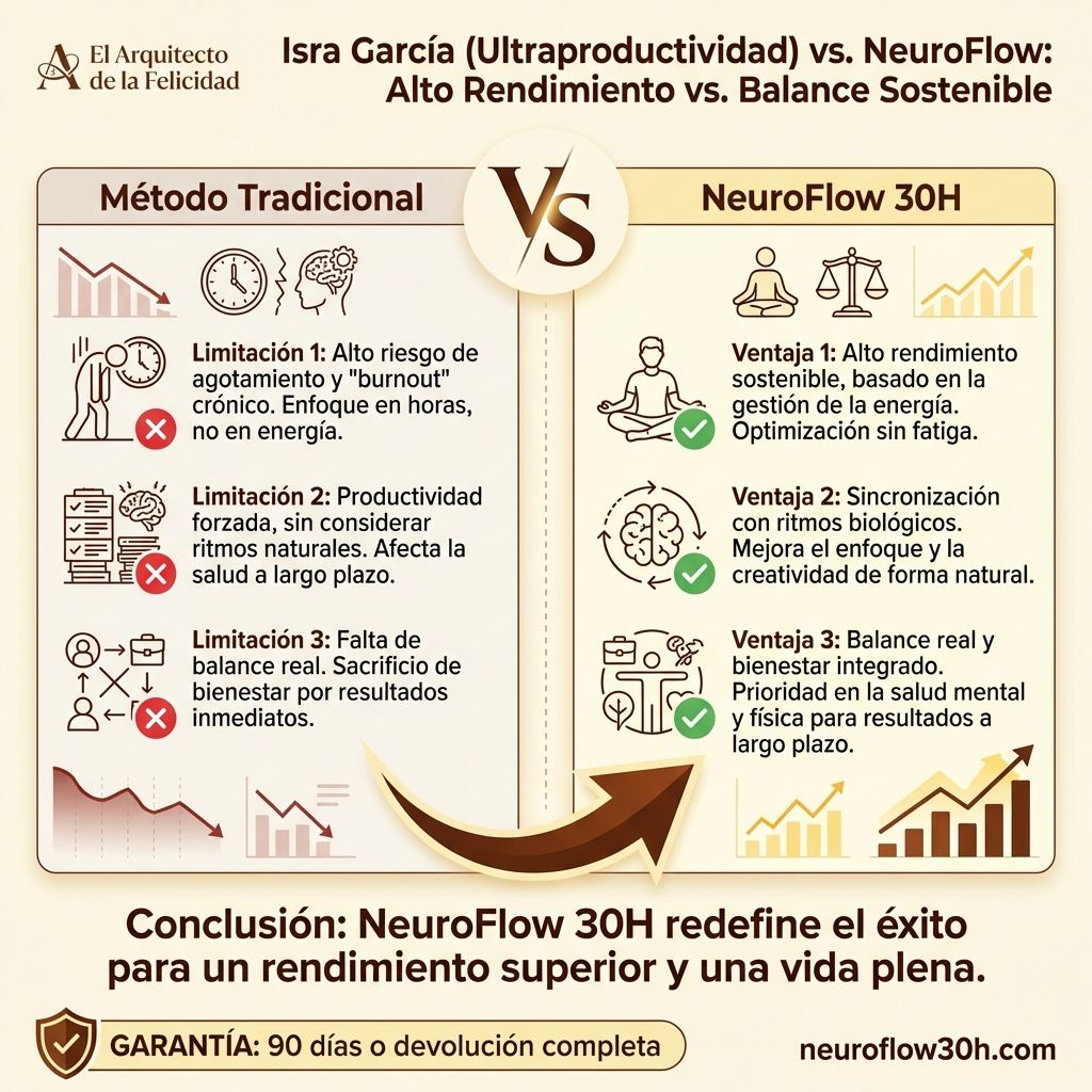 Infografía: Isra García (Ultraproductividad) vs. NeuroFlow: Alto Rendimiento vs. Balance Sostenible