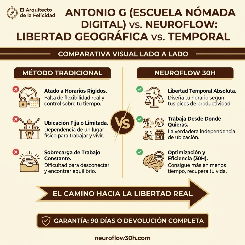 Infografía: Antonio G (Escuela Nómada Digital) vs. NeuroFlow: Libertad Geográfica vs. Temporal